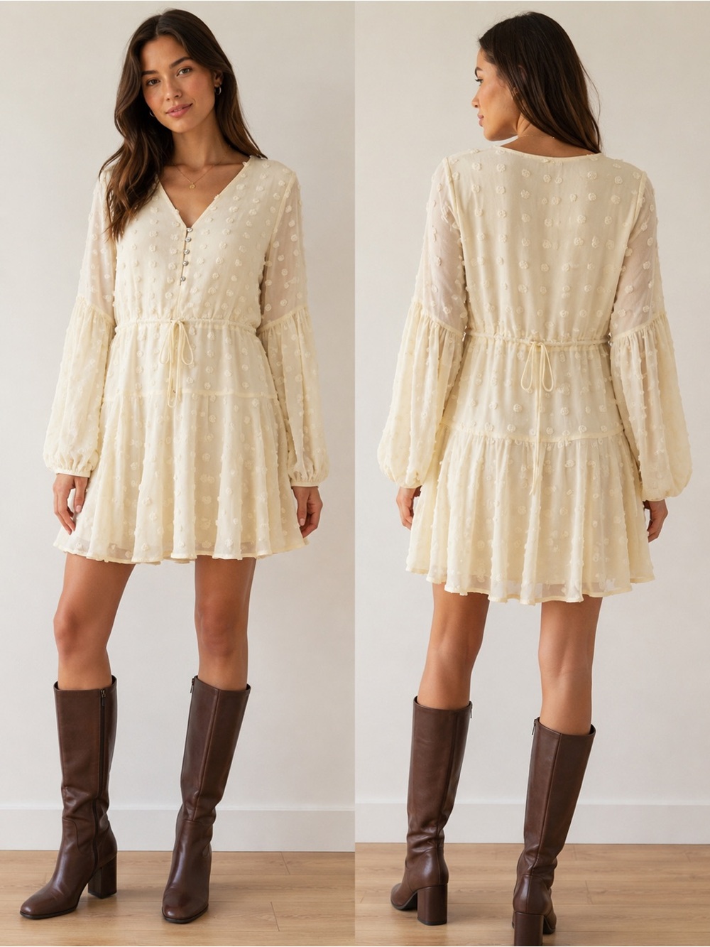 Entro Swiss Dot Tiered Babydoll Dress Cream/Ivory Size Small